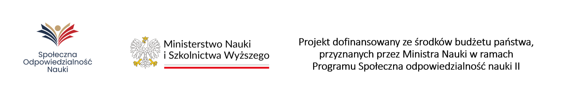 Od lewej: logotyp społeczna odpowiedzialność nauki, logotyp ministerstwa nauki i szkolnictwa wyższego. Projekt dofinansowany ze środków budżetu państwa, przyznanych przez Ministra Nauki w ramach Programu Społeczna odpowiedzialność nauki II