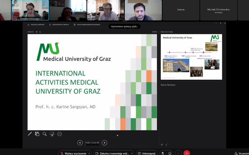 pracownicy Działu Współpracy Międzynarodowej oraz prof. h.c. Karine Sargsyan podczas szkolenia w formie online
