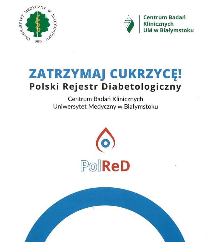 Plakat Zatrzymaj cukrzycę. Polski Rejestr Diabetologiczny. Centrum Badań Klinicznych.