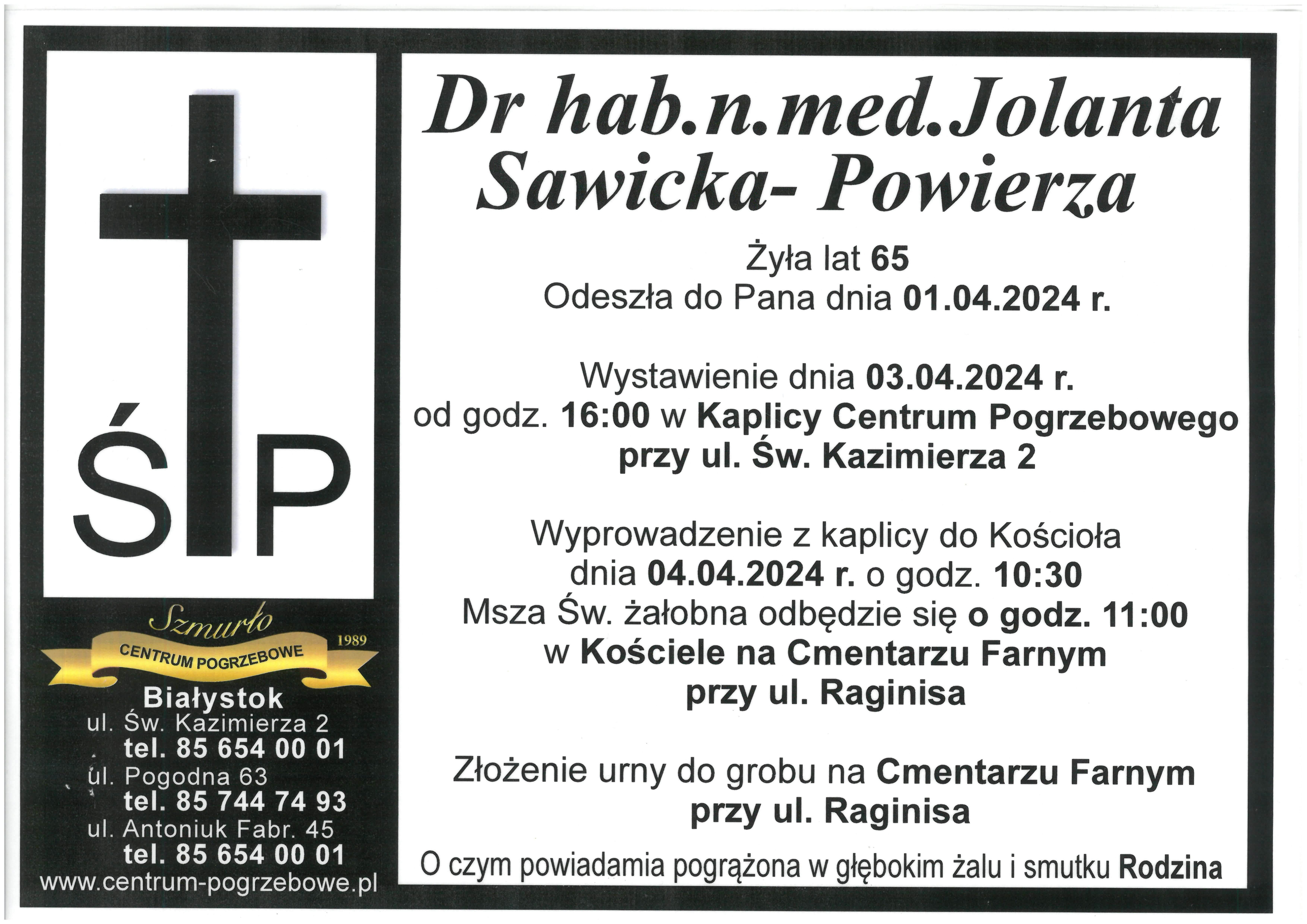 Nekrolog dr hab. Jolanty Sawickiej-Powierza, zmarłej1 kwietnia 2024 roku