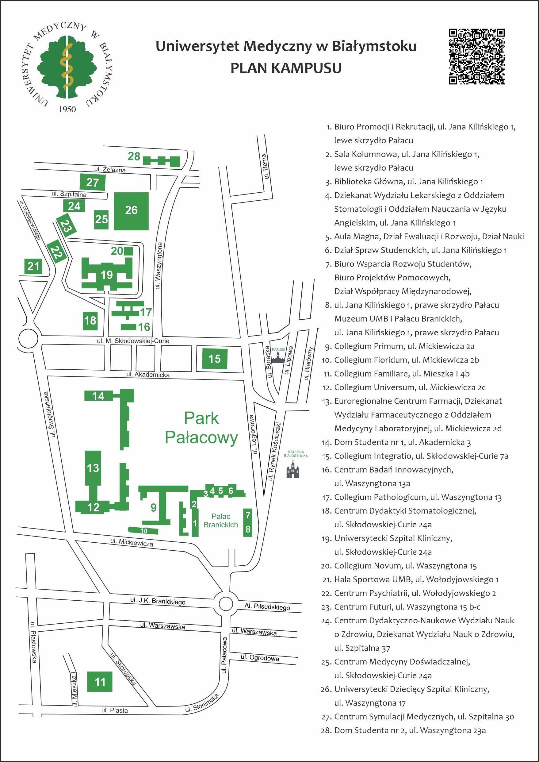 Plan kampusu Uniwersytetu Medycznego w Białymstoku.